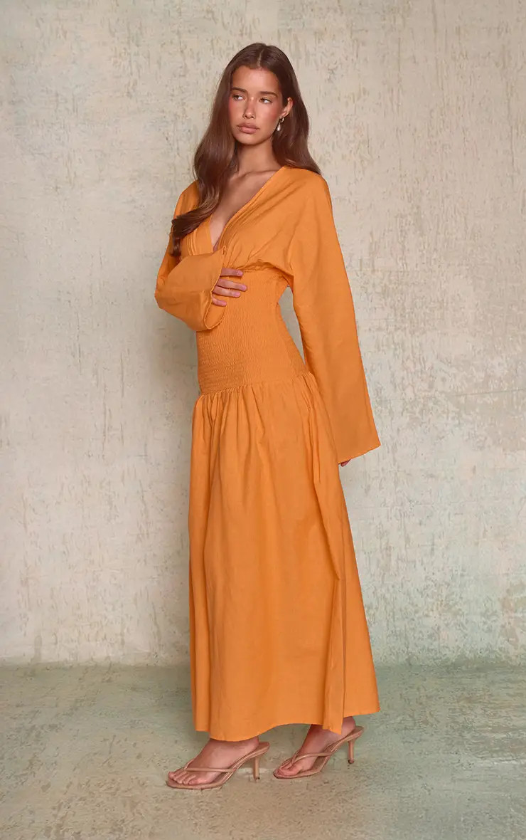 Rust Linen Look Shirred Waist Maxi Dress | PrettyLittleThing USA | PrettyLittleThing US