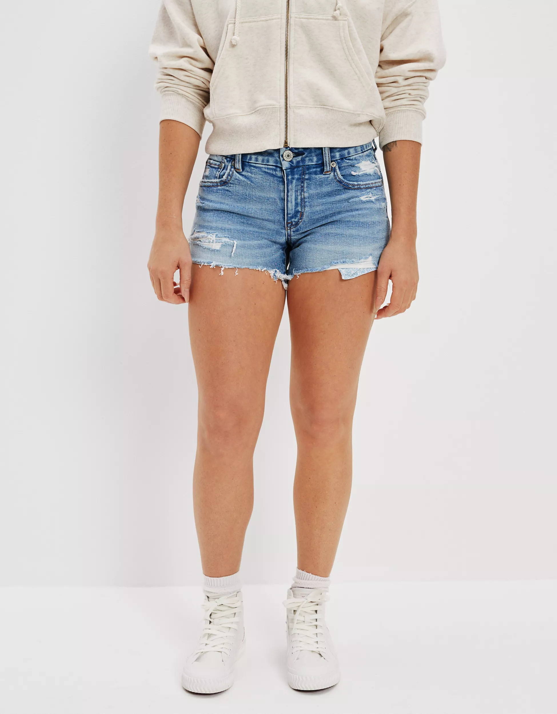AE Stretch Curvy Denim Midi Short | American Eagle Outfitters (US & CA)