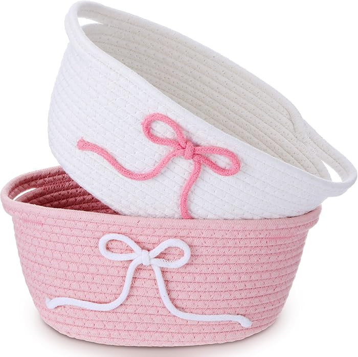 2 Pcs Pink Bow Storage Baskets Woven Cotton Rope Laundry Hamper with Handles for Home Decor Organ... | Amazon (US)