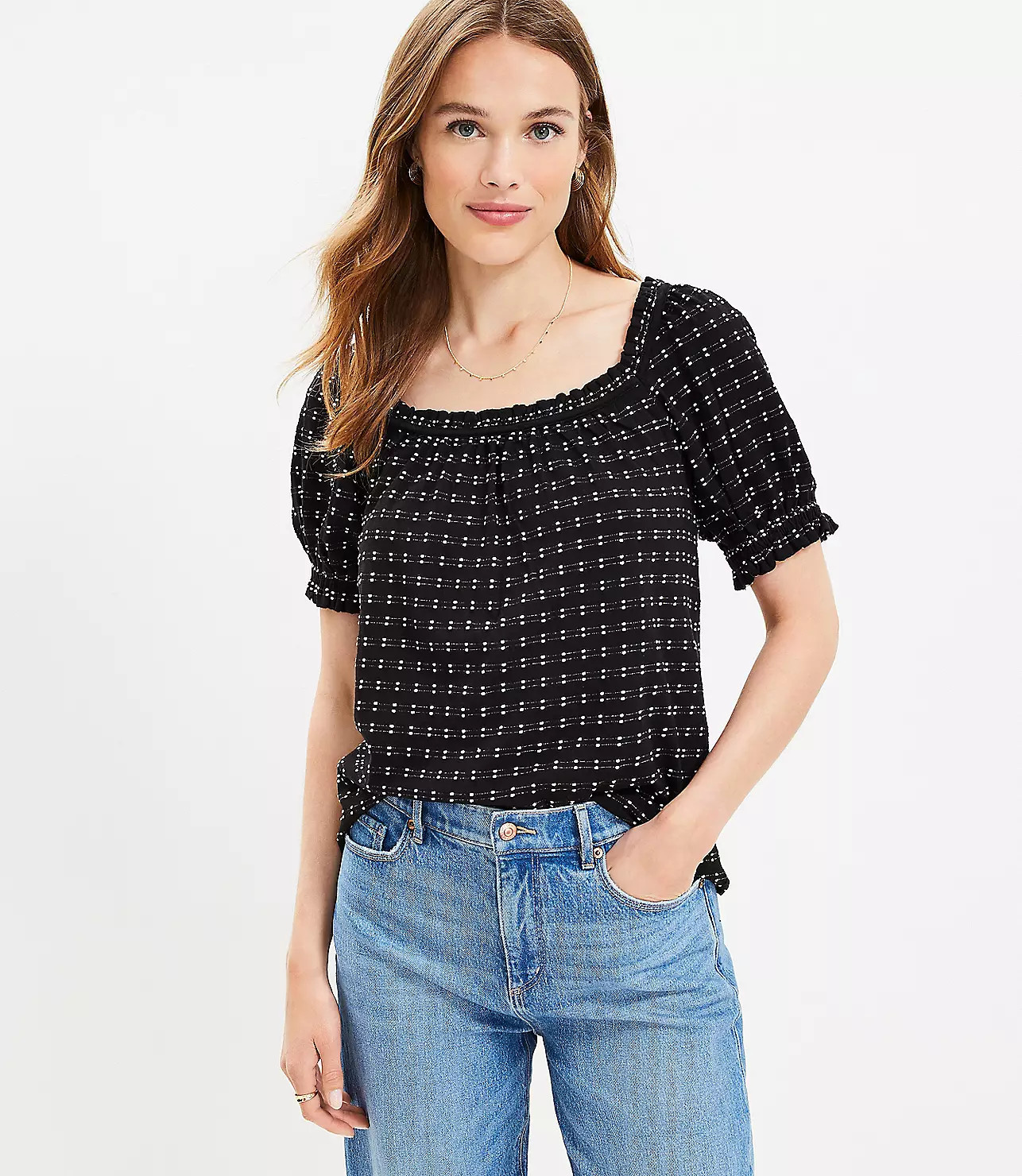 Dotted Puff Sleeve Square Neck Top | LOFT