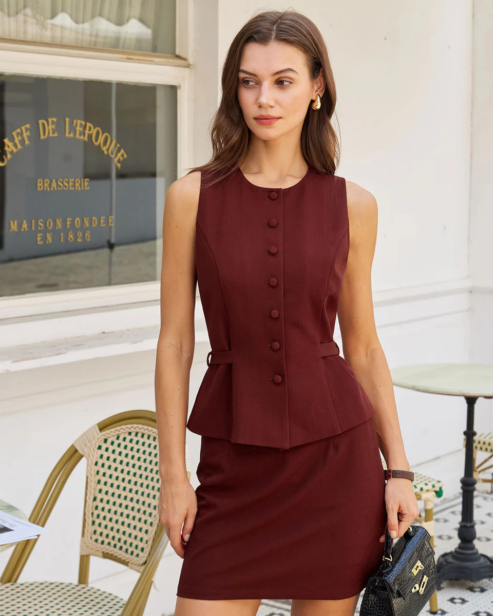Wine Red Button Belted Vest | rihoas.com