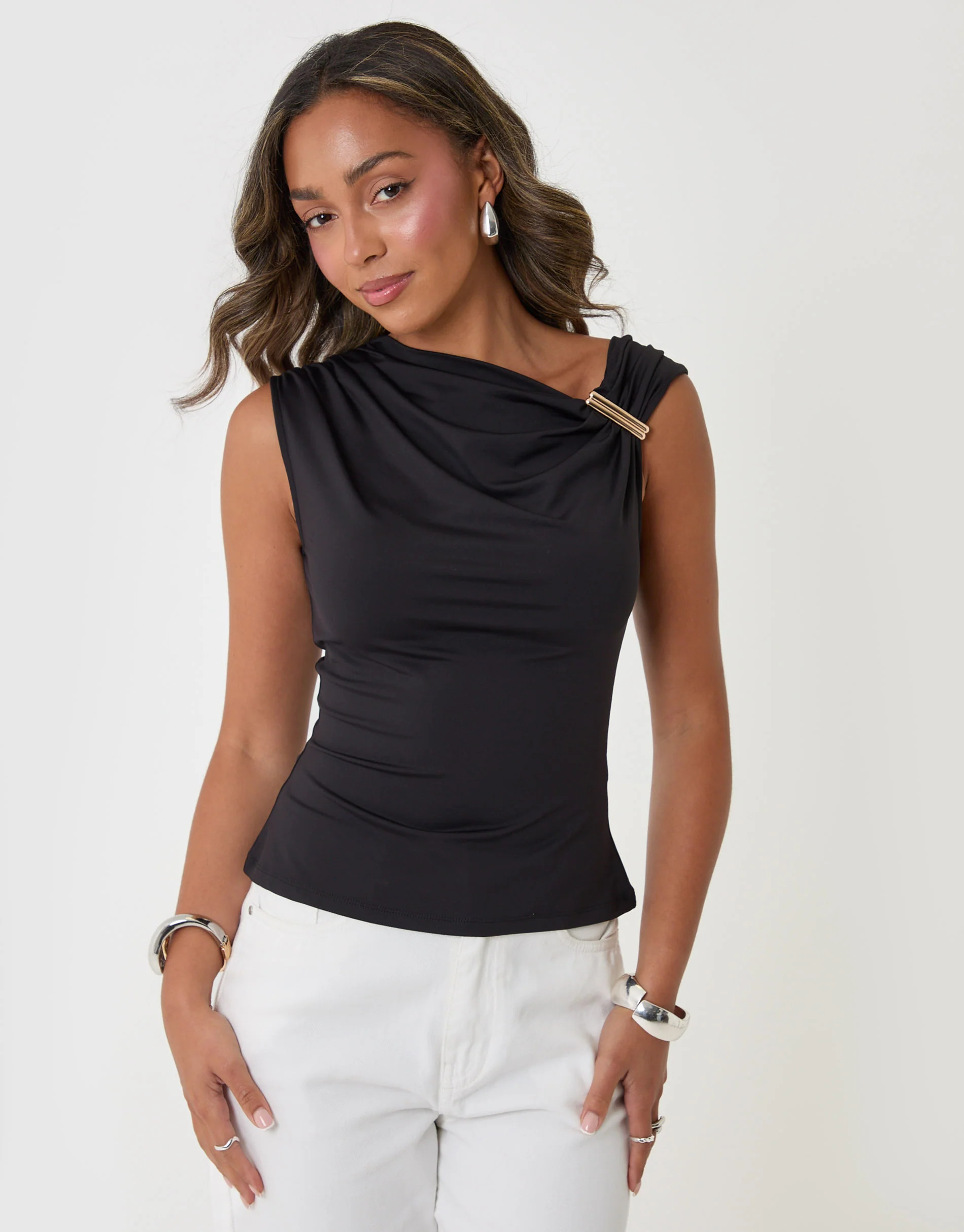Asymmetric Draped Vest in Black | Threadbare UK