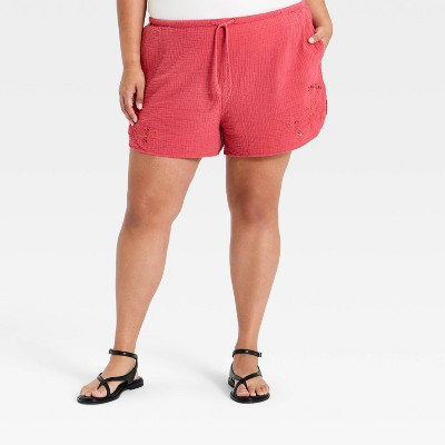 Women's Mid-Rise Cutwork Cotton Pull-On Shorts - Universal Thread™ Berry Red 2X | Target