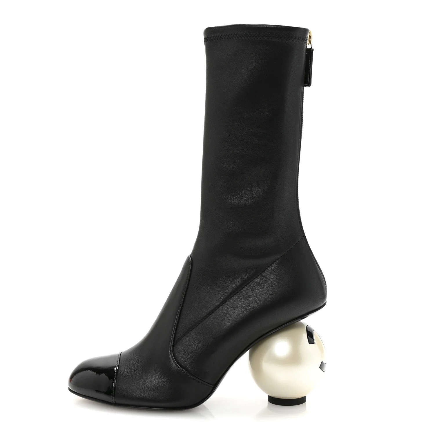 Stretch Lambskin Patent Cap Toe Pearl Ball Mid Calf Boots 35 Black | FASHIONPHILE (US)