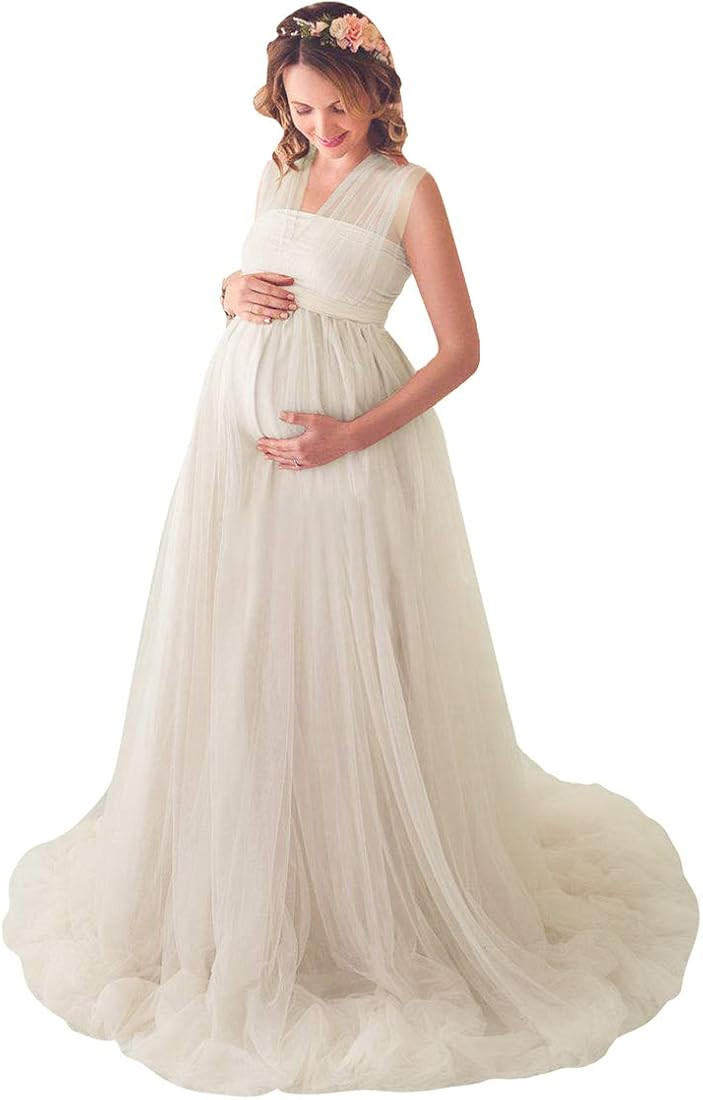 Women Off Shoulder Long Sleeve Maternity Dress Tulle Elegant Slim Fit Gown Baby Shower Photograph... | Amazon (US)