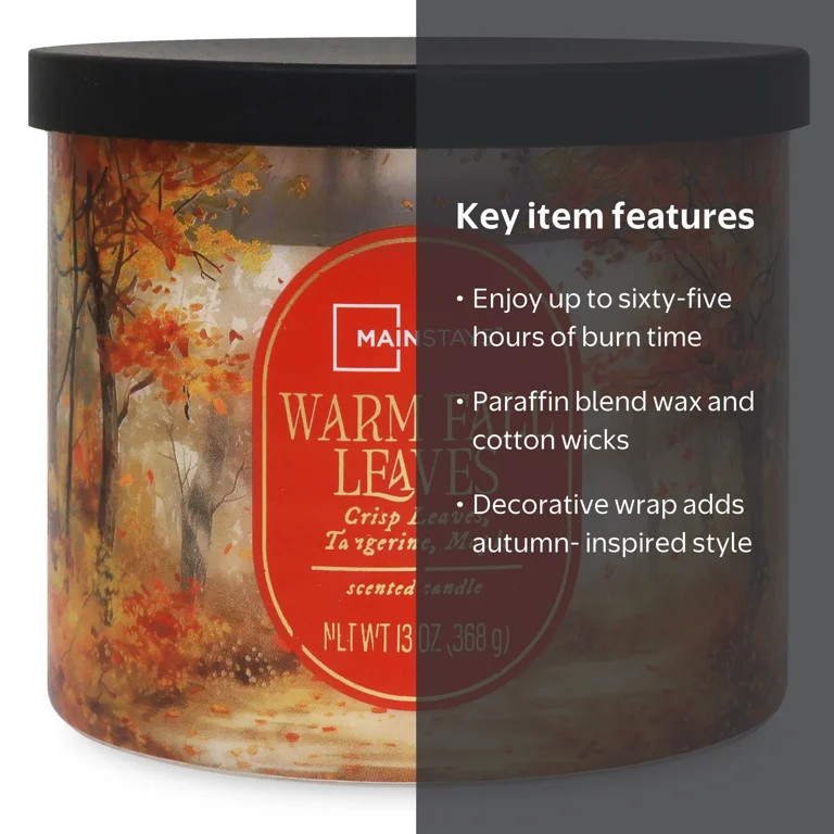 Mainstays Warm Fall Leaves Scented Candle, 3 Wicks, 13 oz | Walmart (US)