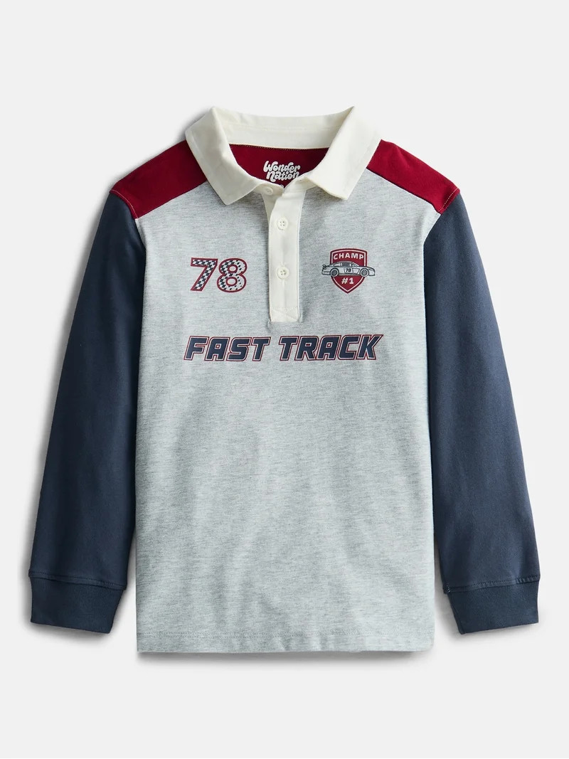 Wonder Nation Little Boys Colorblock Rugby Polo Shirt with Long Sleeves, Sizes 4-10 | Walmart (US)