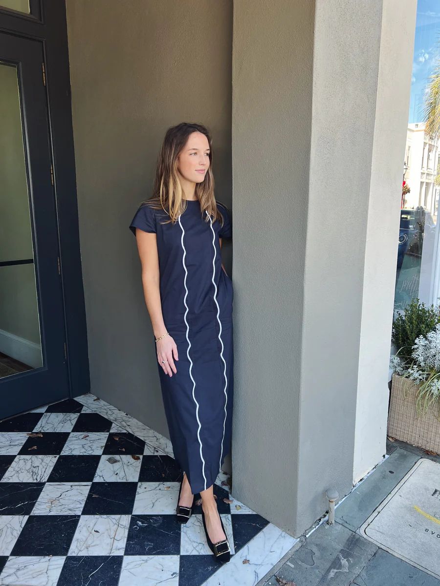 Anne Maxi Dress With Scallop Navy | Madison Mathews