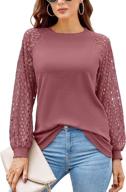 HAOMEILI Women’s Long/Short Sleeve Tops Lace Shirt Casual Loose T Shirts Blouses | Amazon (US)