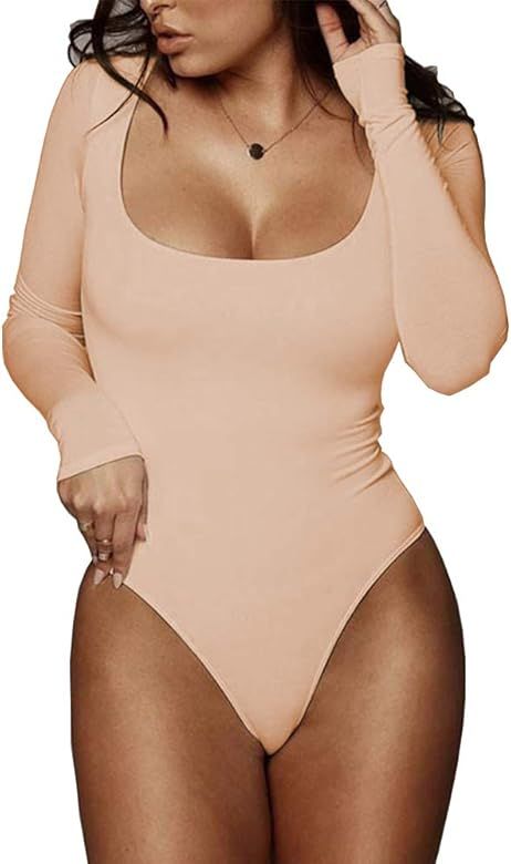 BelleLovin Women's Square Neck Long Sleeve T-shirt Basic Bodysuit Jumpsuits | Amazon (US)