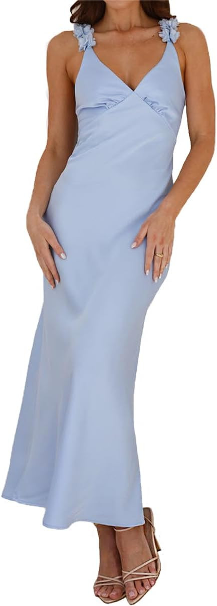 Phicia Summer Satin Spaghetti Strap V Neck Midi Dresses for Women Wedding Guest Elegant Flower Ba... | Amazon (US)