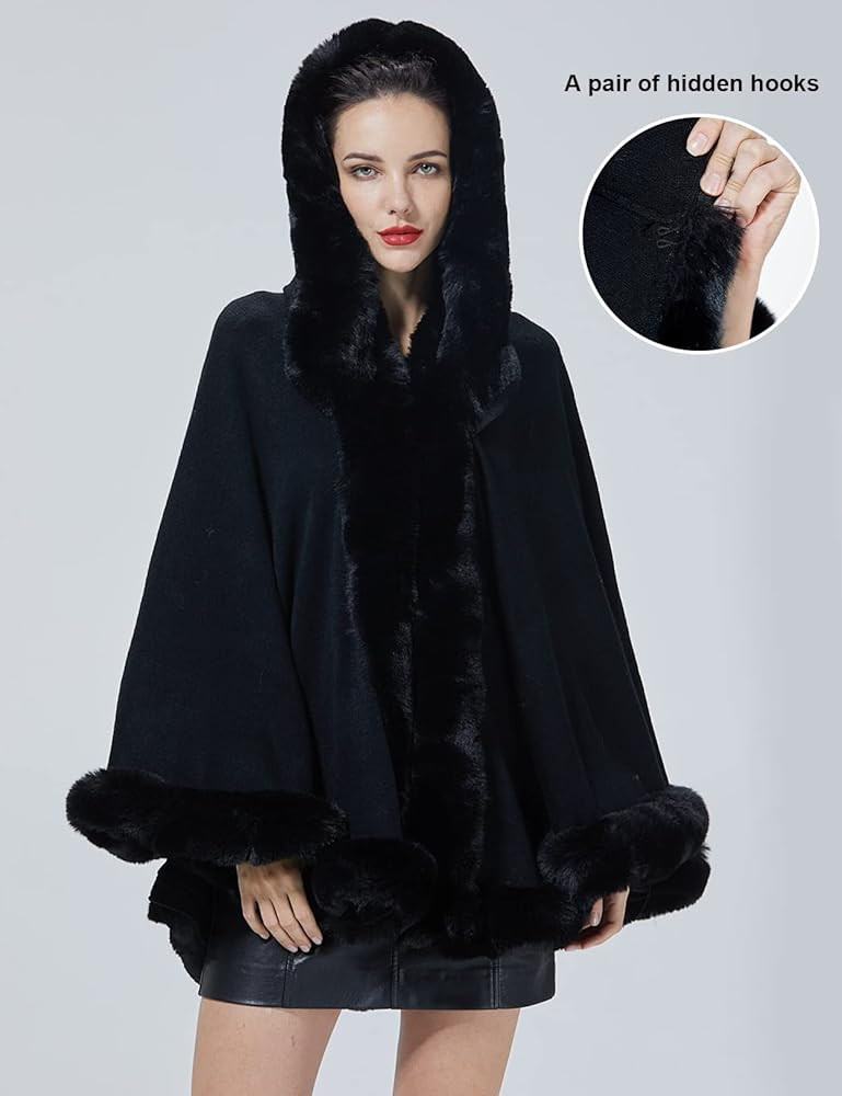 SUFCOMOU Poncho Hooded Shawl Wrap Women Cape Winter Faux Fur Trim Coat Sleeveless Cardigan Dressy Cl | Amazon (US)
