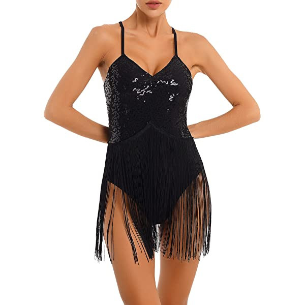 Hularka Women's Rhinestone Fringed Tassel Latin Dance Dress Spaghetti Straps Backless Leotard Dre... | Amazon (US)