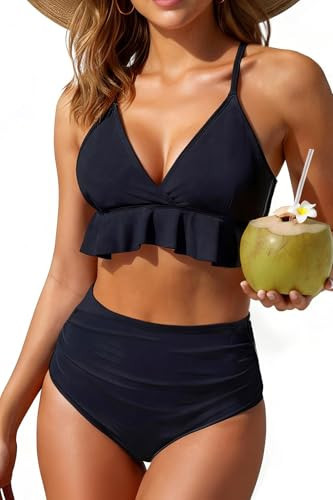 Tempt Me Women High Waisted Ruffle Bikini Set Two Piece Swimsuits Flounce Tummy Control Bathing Suit Black XXL | Amazon (US)