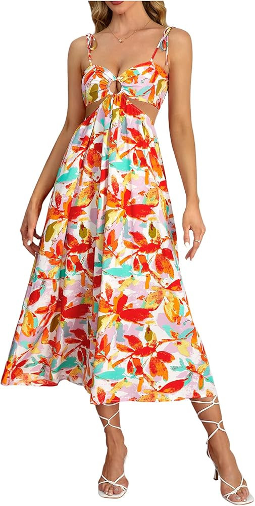 Women's Boho Floral Print Maxi Sundress Tie Strap Cut Out Flowy A Line Smocked Beach Dresses | Amazon (US)