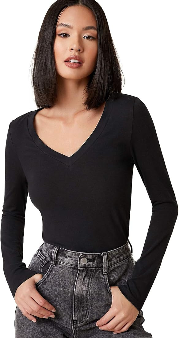 Floerns Women's Basic V Neck Long Sleeve Tee Tops Slim Fit Solid T-Shirts | Amazon (US)