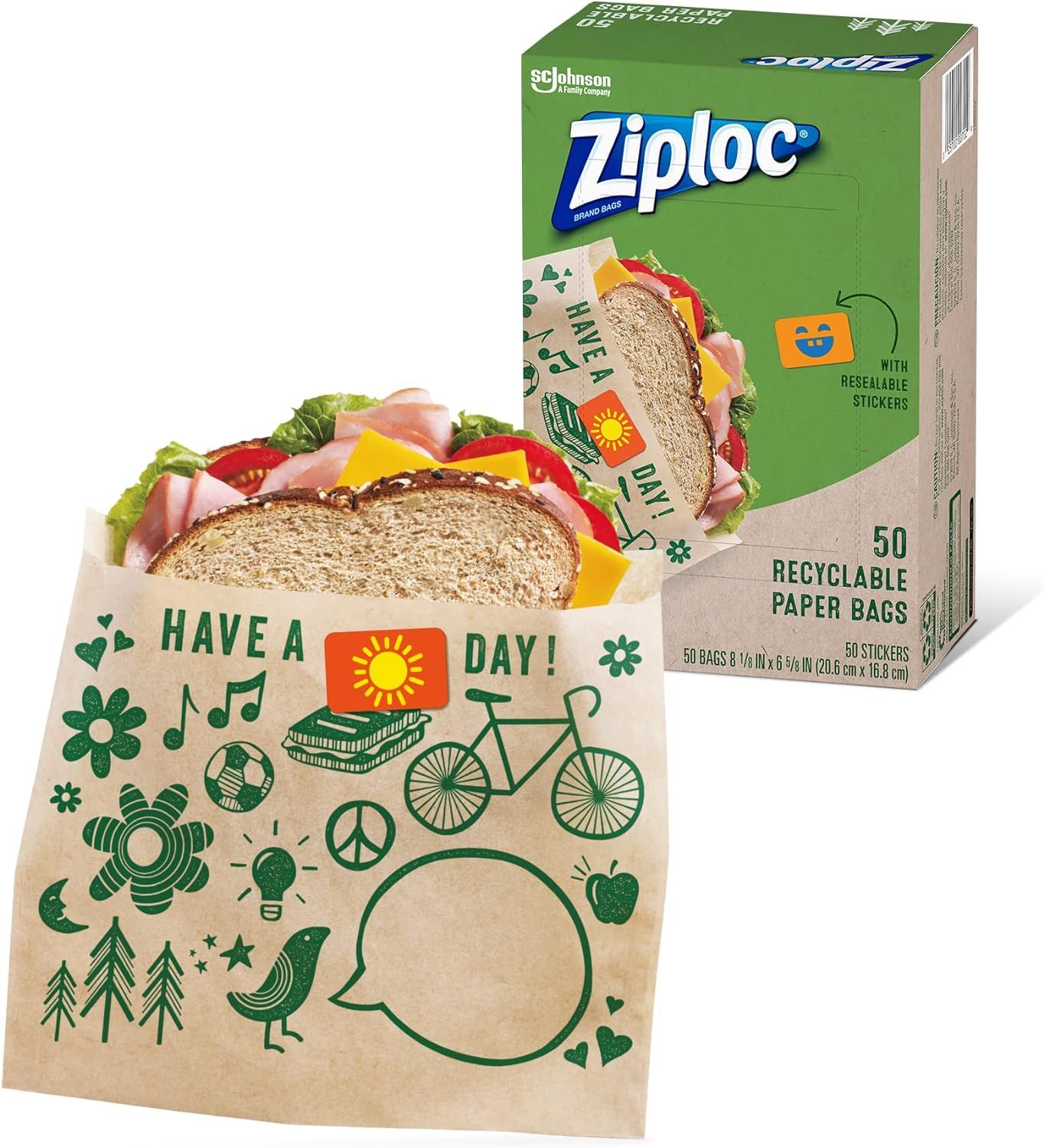 Ziploc Paper Sandwich & Snack Bags, Recyclable & Sealable with Fun Designs, 50 Count | Amazon (US)