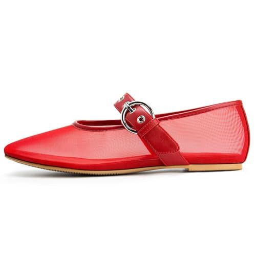 Migpuel Ballet Flats Mesh Shoes for Women Mary Janes Red Flats 9.5 | Amazon (US)