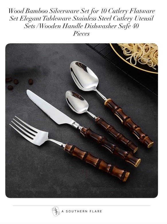 Wood Bamboo Silverware Set for 10 Cutlery Flatware Set Elegant Tableware Stainless Steel Cutlery Utensil Sets for Home Kitchen Restaurant Wooden Handle Dishwasher Safe 40
Pieces/Amazon