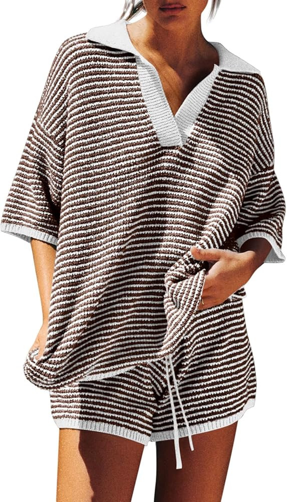 Tankaneo Womens Sweater Set 2 Piece Outfits Oversized 3/4 Sleeve V Neck Knit Tops High Waisted Sh... | Amazon (US)