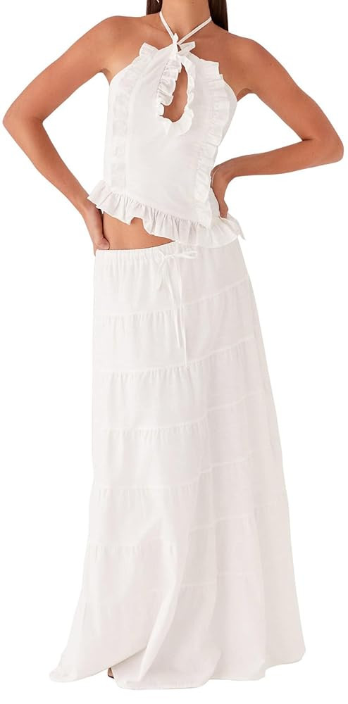 Y2k Maxi Skirt Sets 2 Piece Outfit for Women Flowy Ruched Ruffle Long Skirts and Backless Halter ... | Amazon (US)