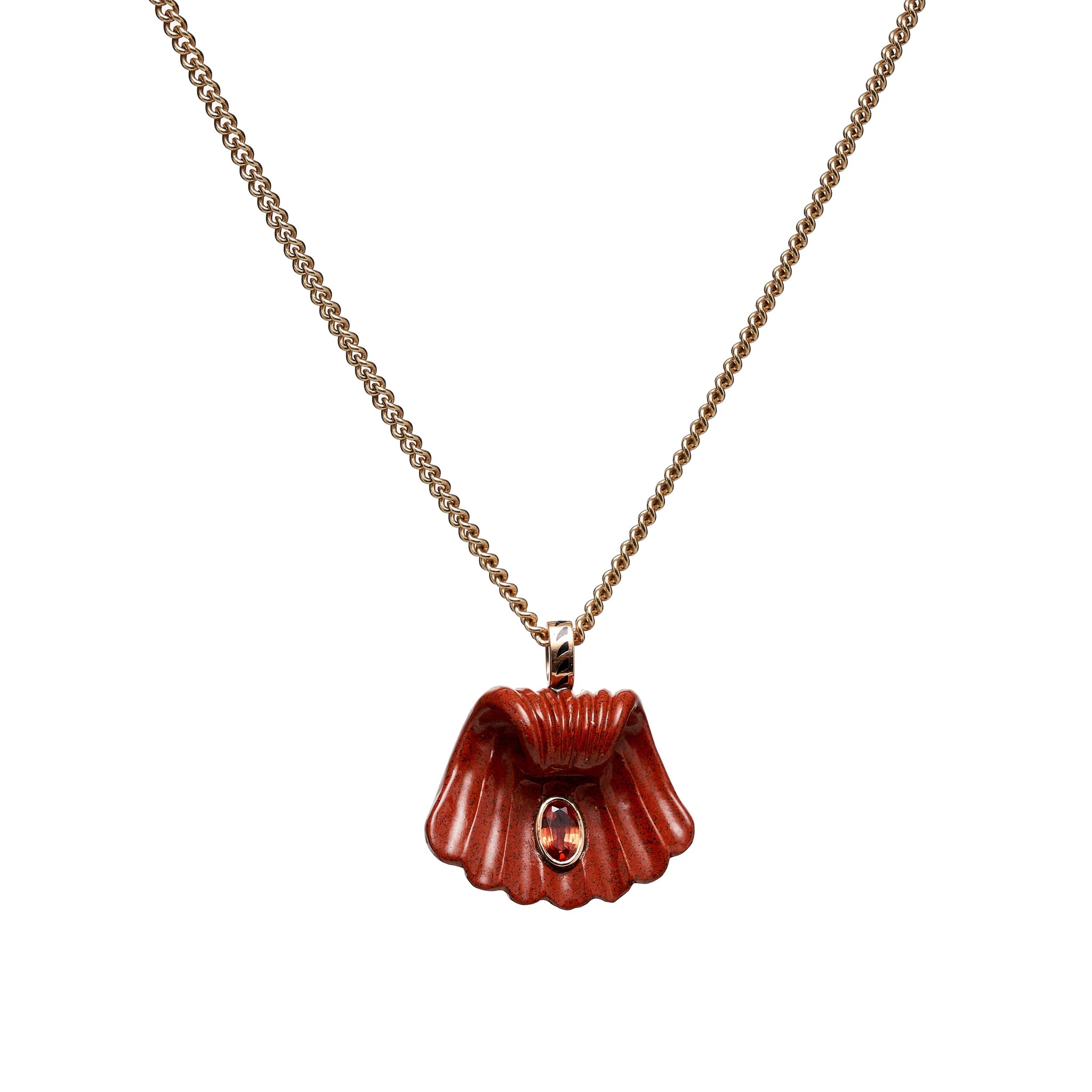 Dezso 18k Carved Red Jasper Capri Shell Pendant w/ Orange Sapphire | Shop.app
