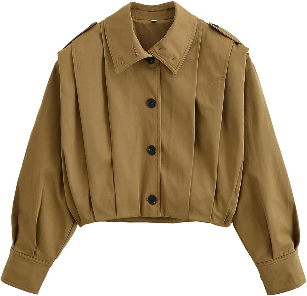 Women's Cropped Pleated Jacket Casual Short Trench Coat | Amazon (US)