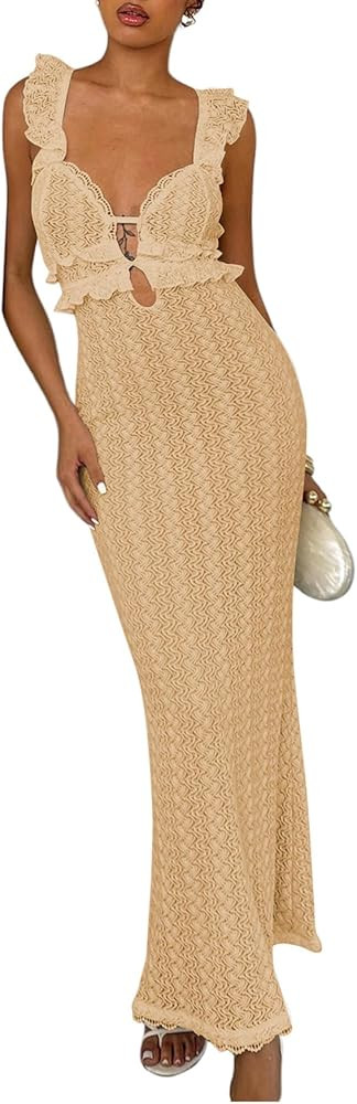 SOLY HUX Women's Maxi Dress Crochet Ruffle Sleeveless Backless Bodycon Long Dresses | Amazon (US)
