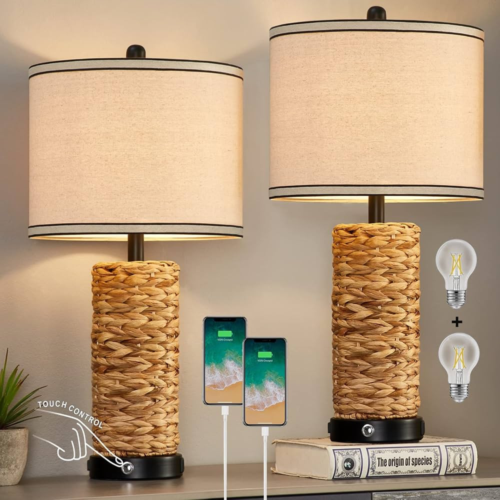 GyroVu Rattan Table Lamp Set of 2, Wicker Lamps, 3 Way Dimmable Touch Seagrass Table lamp with 2 ... | Amazon (US)