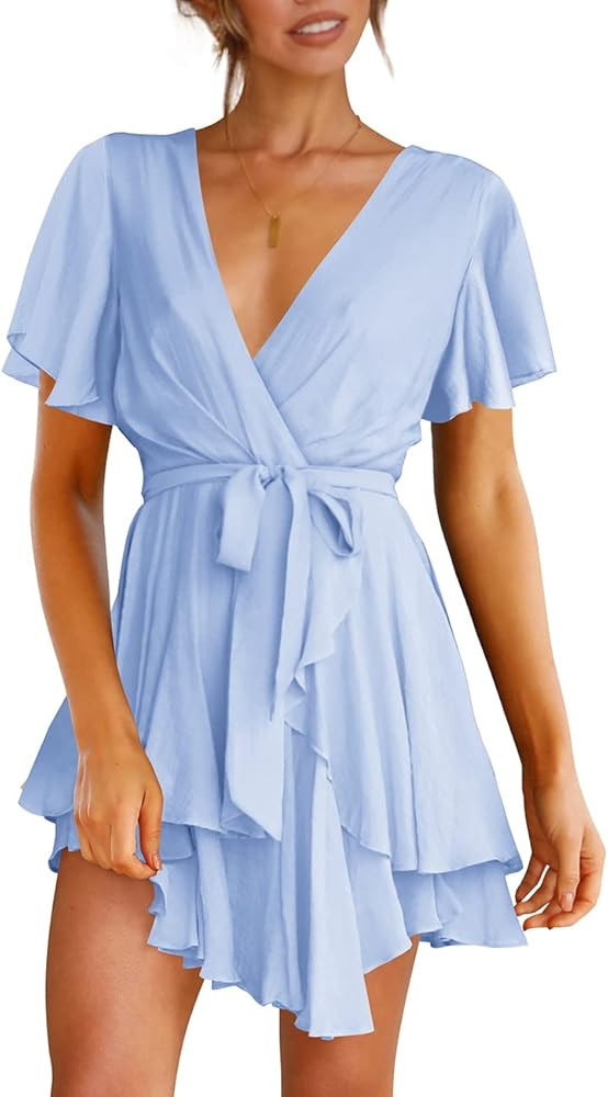 Cosonsen Women's Dress Deep V-Neck Long Sleeve Waist Tie Ruffle Mini Swing Skater Dresses | Amazon (US)