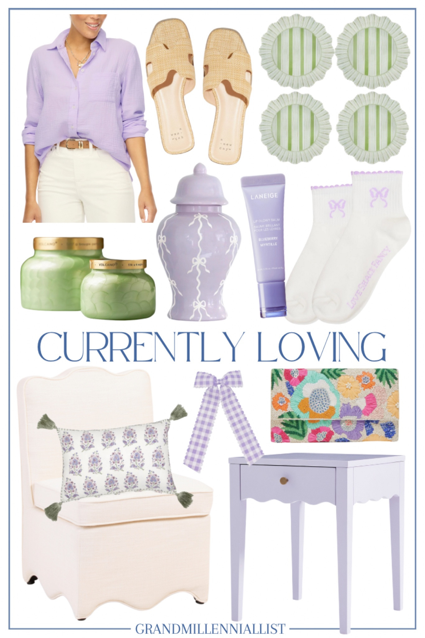 Currently Loving: Lavender and spring things! 

Purple gauze button down top, Target style Nina sandals, Juliska melamine plates, spring candles Capri Blue, purple bow ginger jars, bow socks, slipper chair, gingham bows, straw clutch 

Grandmillennial style home
Classic style Preppy style 

#LTKHome #LTKStyleTip #LTKSeasonal
