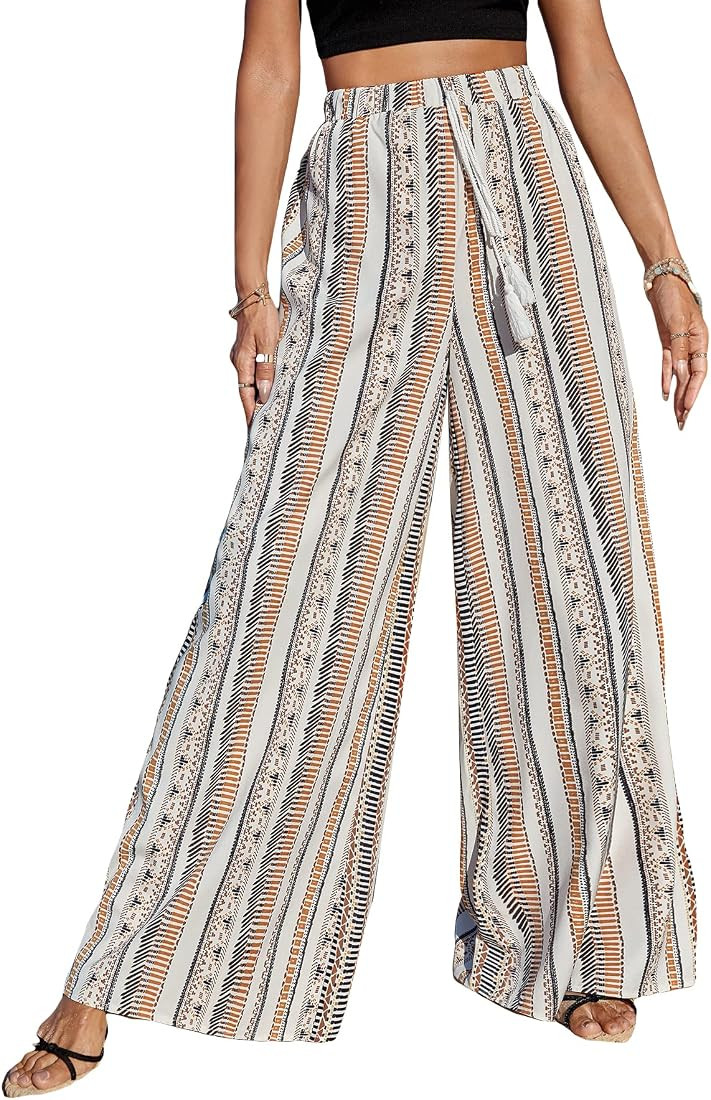 Floerns Women's Floral Print High Waist Beach Wide Leg Palazzo Pants | Amazon (US)