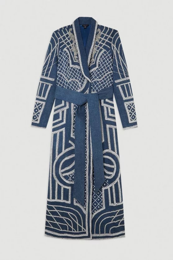 Pearl Embellished Woven Denim Maxi Blazer Dress | Karen Millen | Karen Millen UK + IE + DE + NL