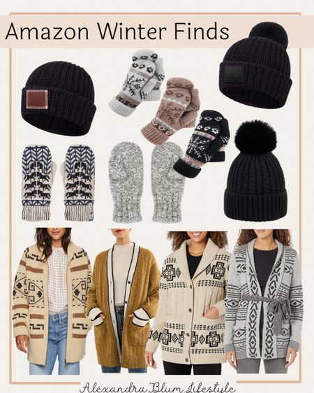 Amazon winter fashion finds! Aztec designer wool cardigan sweater, mittens and black knit beanie winter hat! 

#LTKunder100 #LTKunder50 #LTKSeasonal