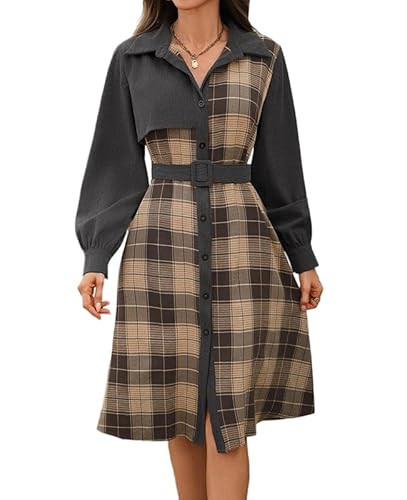 Women's Plaid Patchwork Midi Dress Casual Long Sleeve Button Down Lapel Fashion Vintage Dress with Belt Dark Gray | Amazon (US)