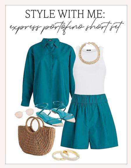 The cutest summer outfit from Express! I love this teal short set and paired with this white bodysuit, gold chain link necklace, teal lace-up sandals and straw handbag, it’s the perfect summer look. 

#summerfashion #shortsset #portofinoshortsset #express #expressfashion #expresssummerfashion #summeraccessories #casualsummerstyle 

#LTKSeasonal #LTKstyletip #LTKunder100