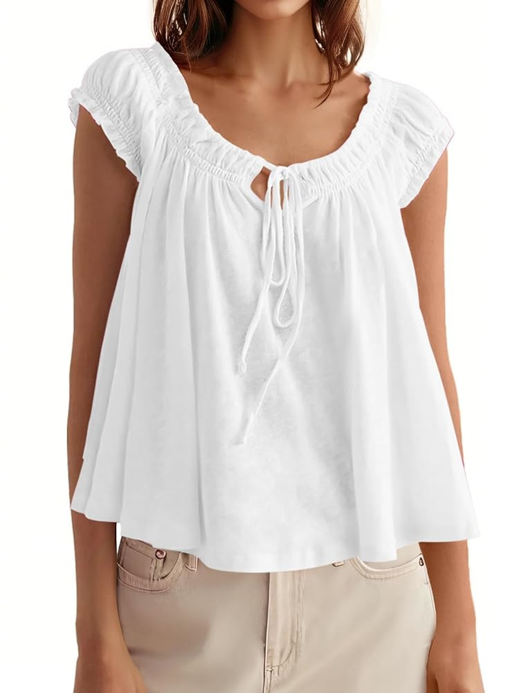Tankaneo Women Summer Tie Front Tank Tops Cap Sleeve Pleated Babydoll Tops Casual Loose Fit Going... | Amazon (US)