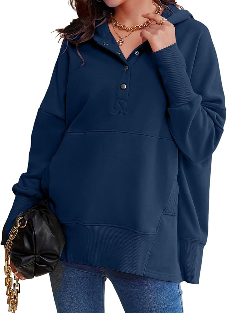 AlvaQ Womens Oversized Sweatshirts Hoodies Fleece Button Neck Hooded Tops Casual Pullover Tunics ... | Amazon (US)