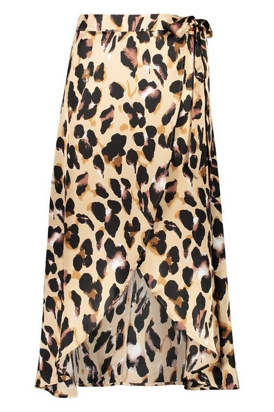 Leopard Satin Wrap Midaxi skirt | Boohoo.com (US & CA)