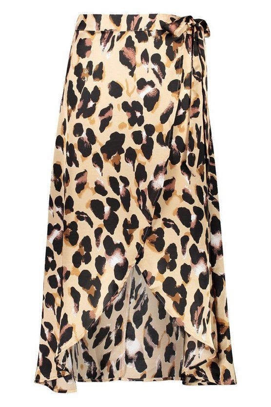 Leopard Satin Wrap Midaxi skirt | Boohoo.com (US & CA)