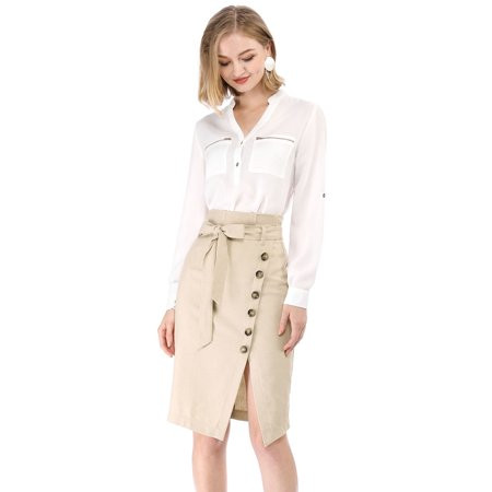 Unique Bargains Vintage Button Decor Split Belted Asymmetrical Midi Pencil Skirt | Walmart (US)