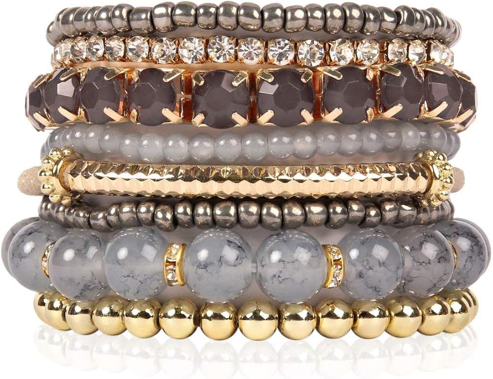 Multi Color Stretch Beaded Stackable Bracelets - Layering Bead Strand Statement Bangles | Amazon (US)