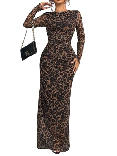 yontuxa Women's Leopard Print Long Sleeve Maxi Dress Bodycon Ruched Wedding Guest Formal Cocktail Mesh Long Dress（Leopard Print,Medium） | Amazon (US)