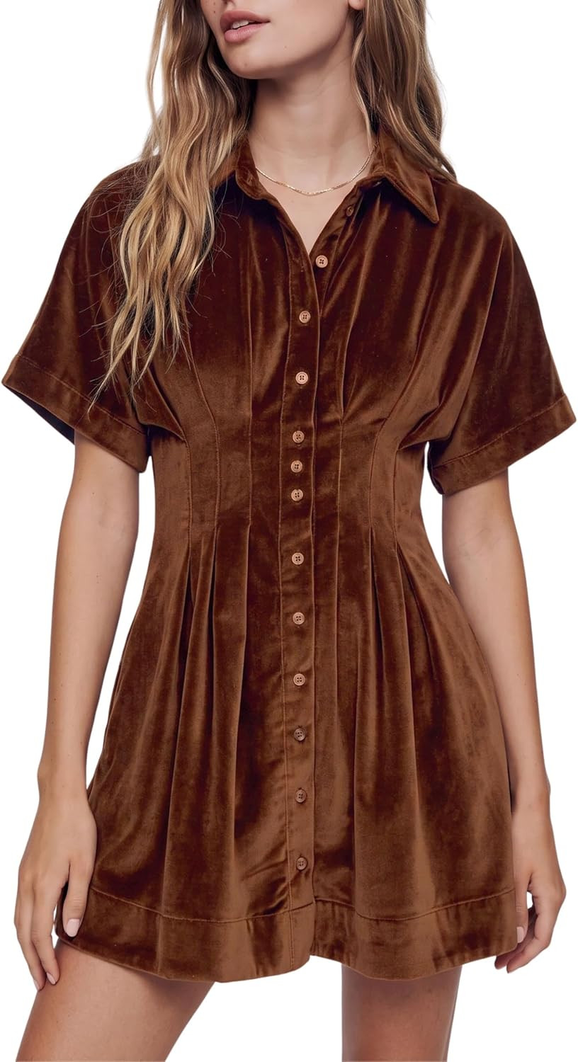 Athlisan Womens Velvet Mini Dress Short Sleeve Button Down Pleated Waist Shirt Dress with Pockets | Amazon (US)
