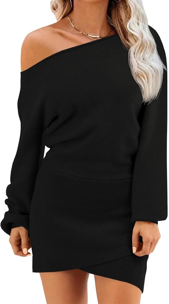 Wenrine Women's Off The Shoulder Sweater Dress 2025 Fall Winter Casual Long Sleeve Knit Slim Fit ... | Amazon (US)