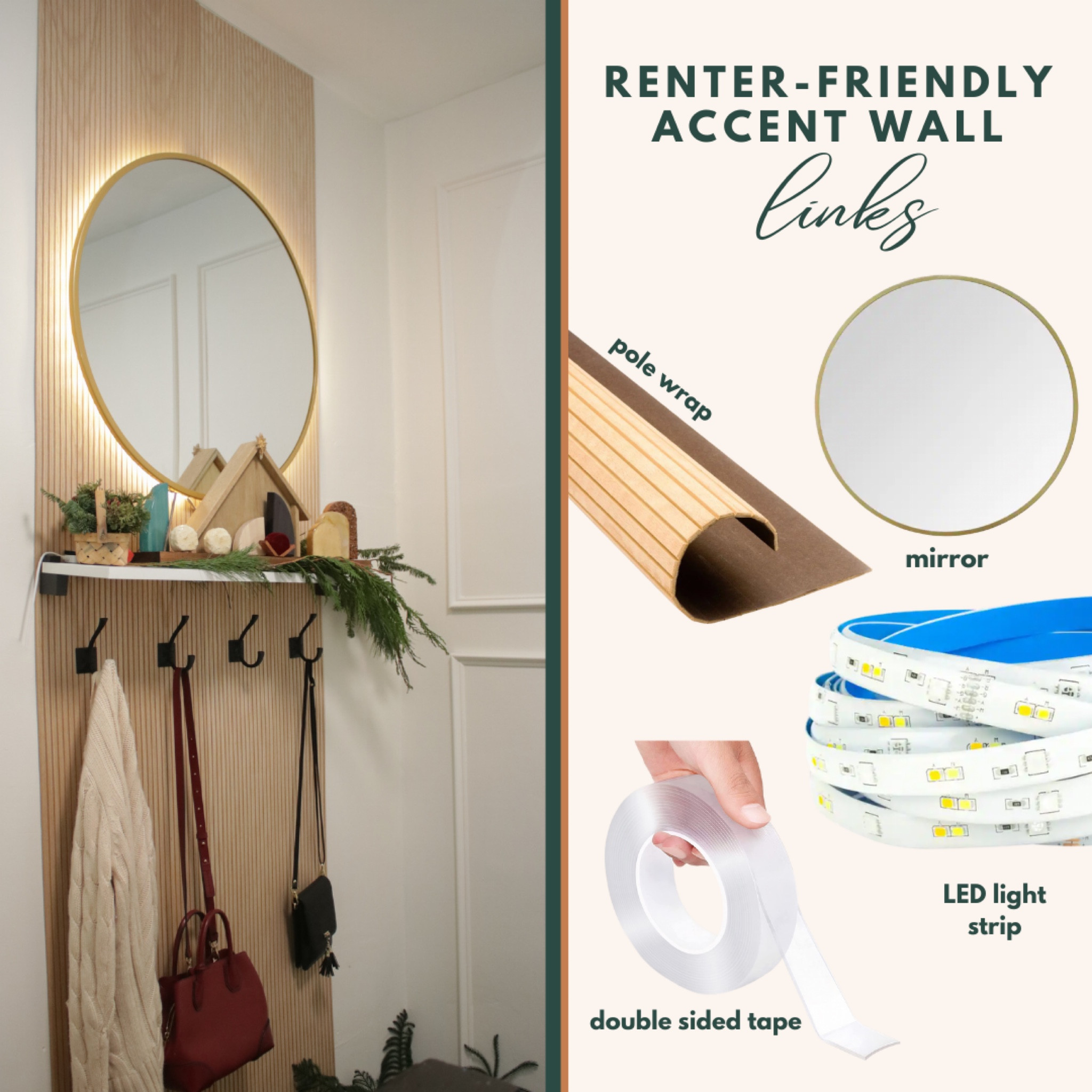 Renter friendly accent wall featuring pole wrap and smart backlit mirror that can be controlled on your phone! See my Instagram @simplyhandmade to see how to put this together  

#LTKFind #LTKhome