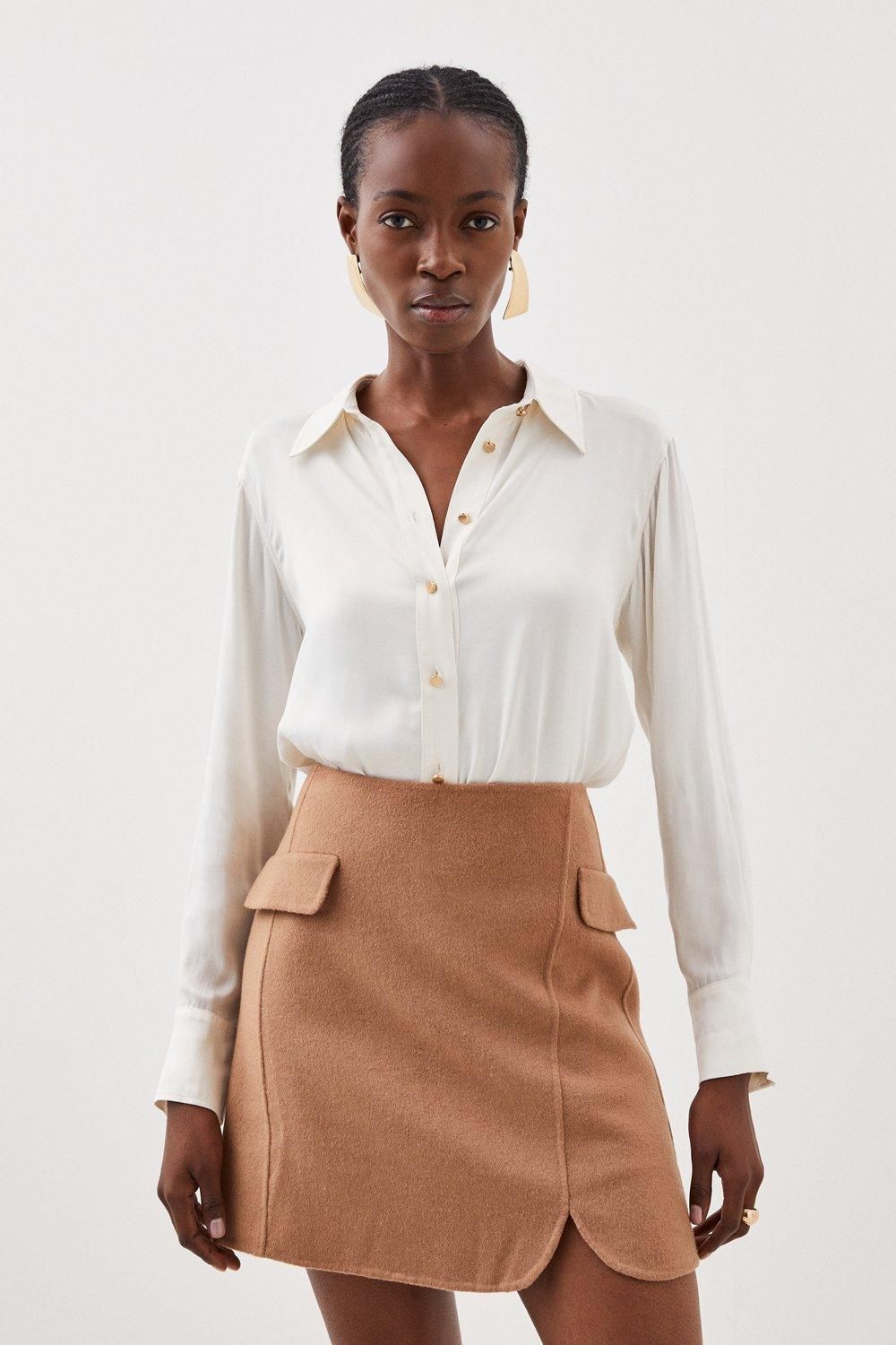 Tailored Double Faced Wool Blend Pocket Detail Mini Wrap Skirt | Karen Millen US