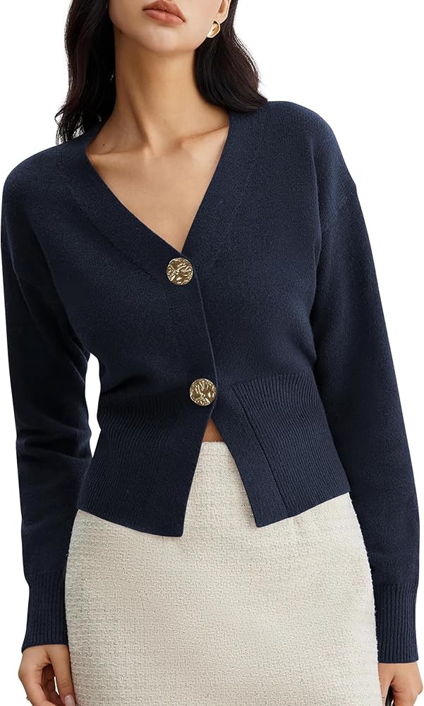 Women V Neck Cropped Cardigan Sweaters Fitted Long Sleeve Fall Button Up Chunky Knit Cardigans Sh... | Amazon (US)