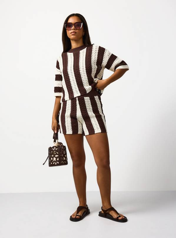 Buy Brown Vertical Stripe Crochet Co-ord Shorts XS | Co-ords | Tu | Tu Clothing