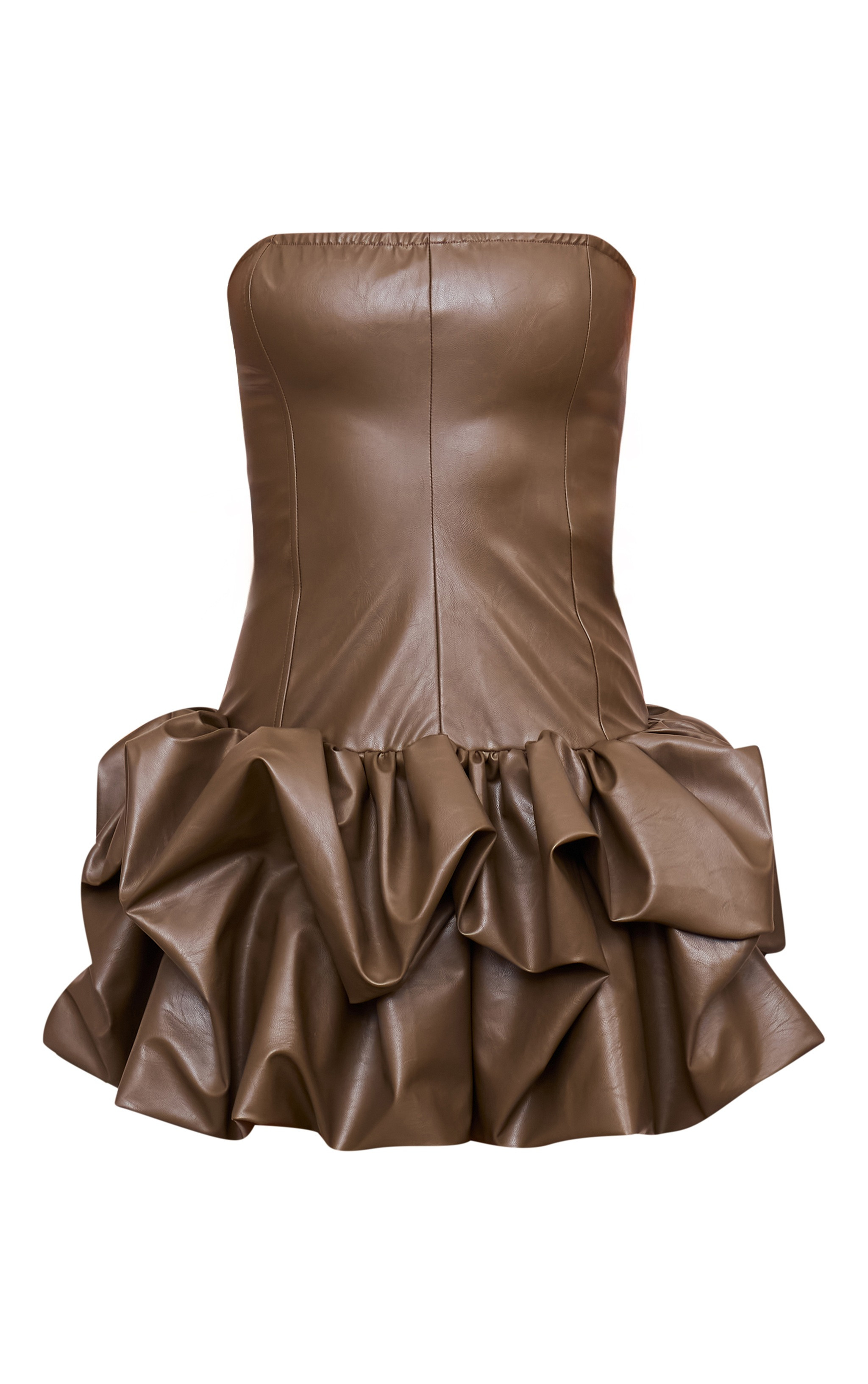 Brown Faux Leather Bandeau Puffball Mini Dress | PrettyLittleThing US